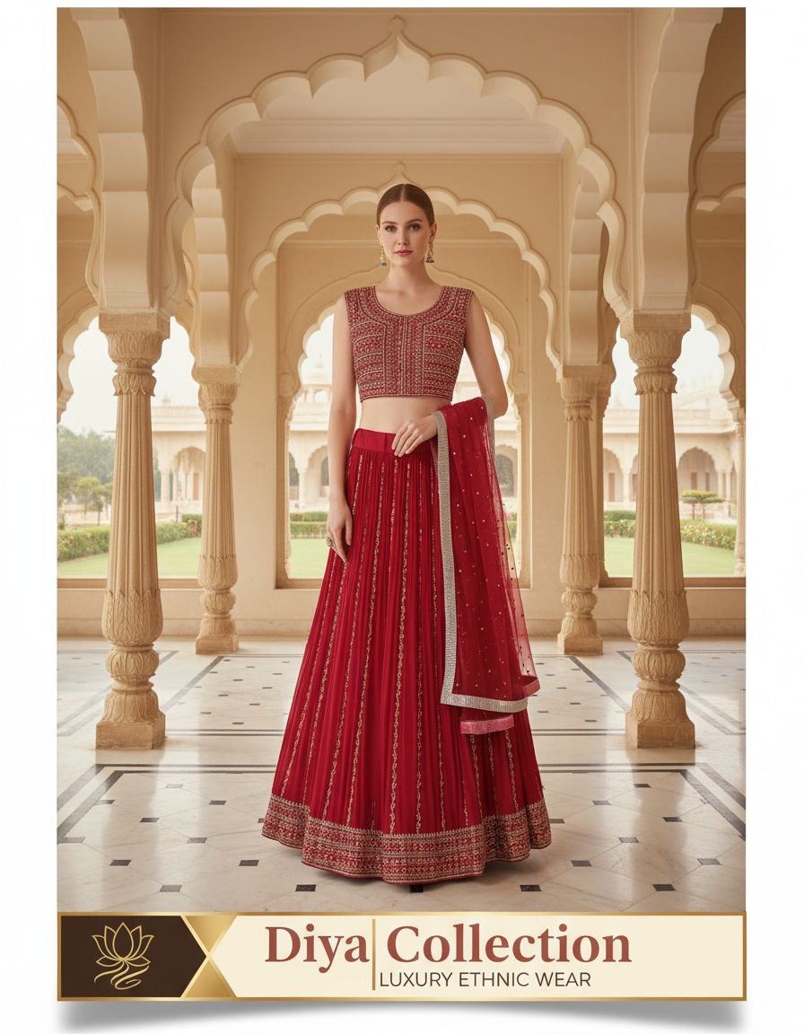 Red Ethnic Lehenga by Diya Collection