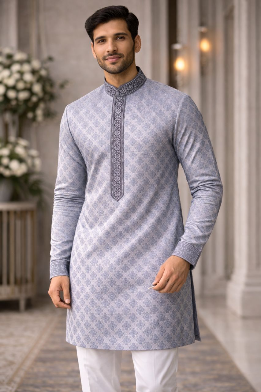 Grey Jacquard Printed Kurta