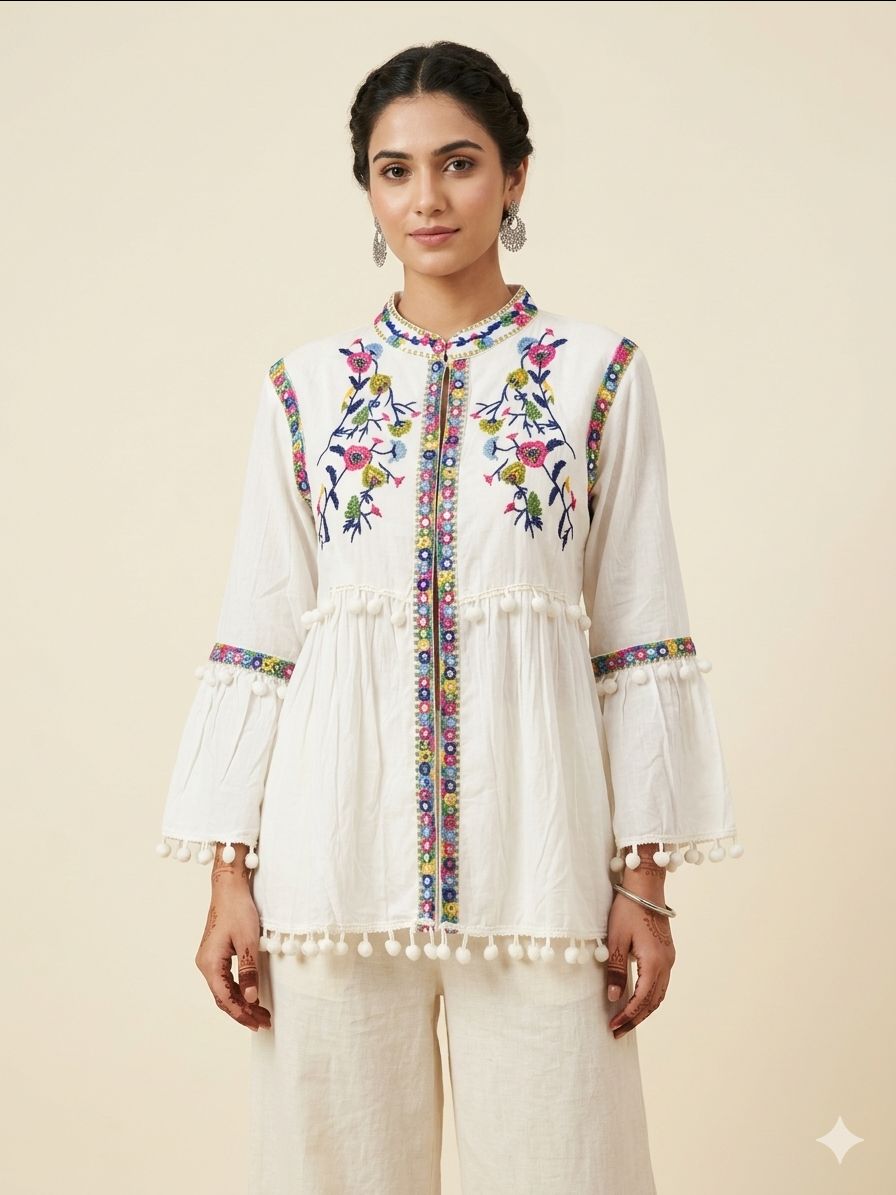 Embroidered Shrug With Top Knot by Shri Ganesh Creation