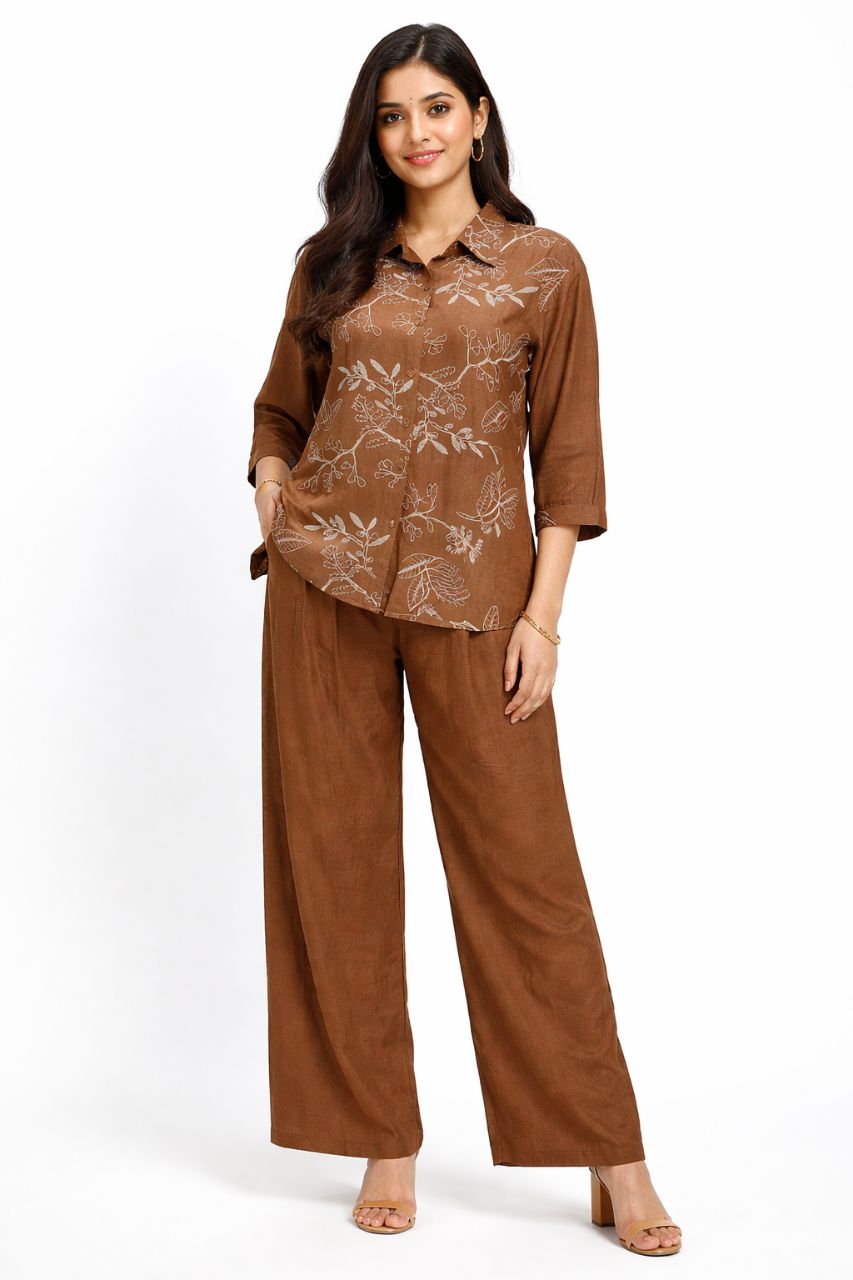 Embroidered Brown Linen Cotton  Co-ord Set