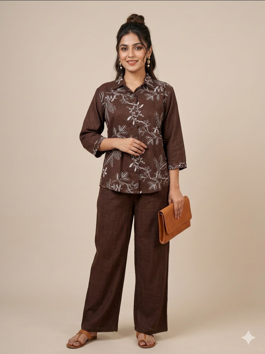 Embroidered Brown Co-ord Set