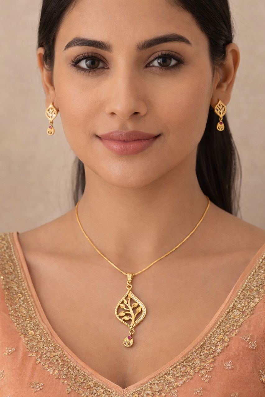 Gold Leaf Pendant Necklace Set view 2