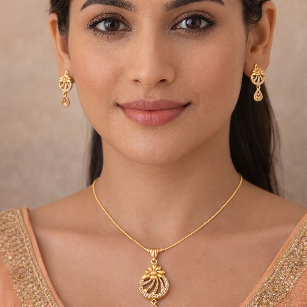 Gold Necklace Set with Earrings view 2