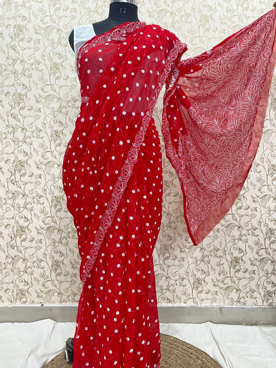 Red Chikankari Saree