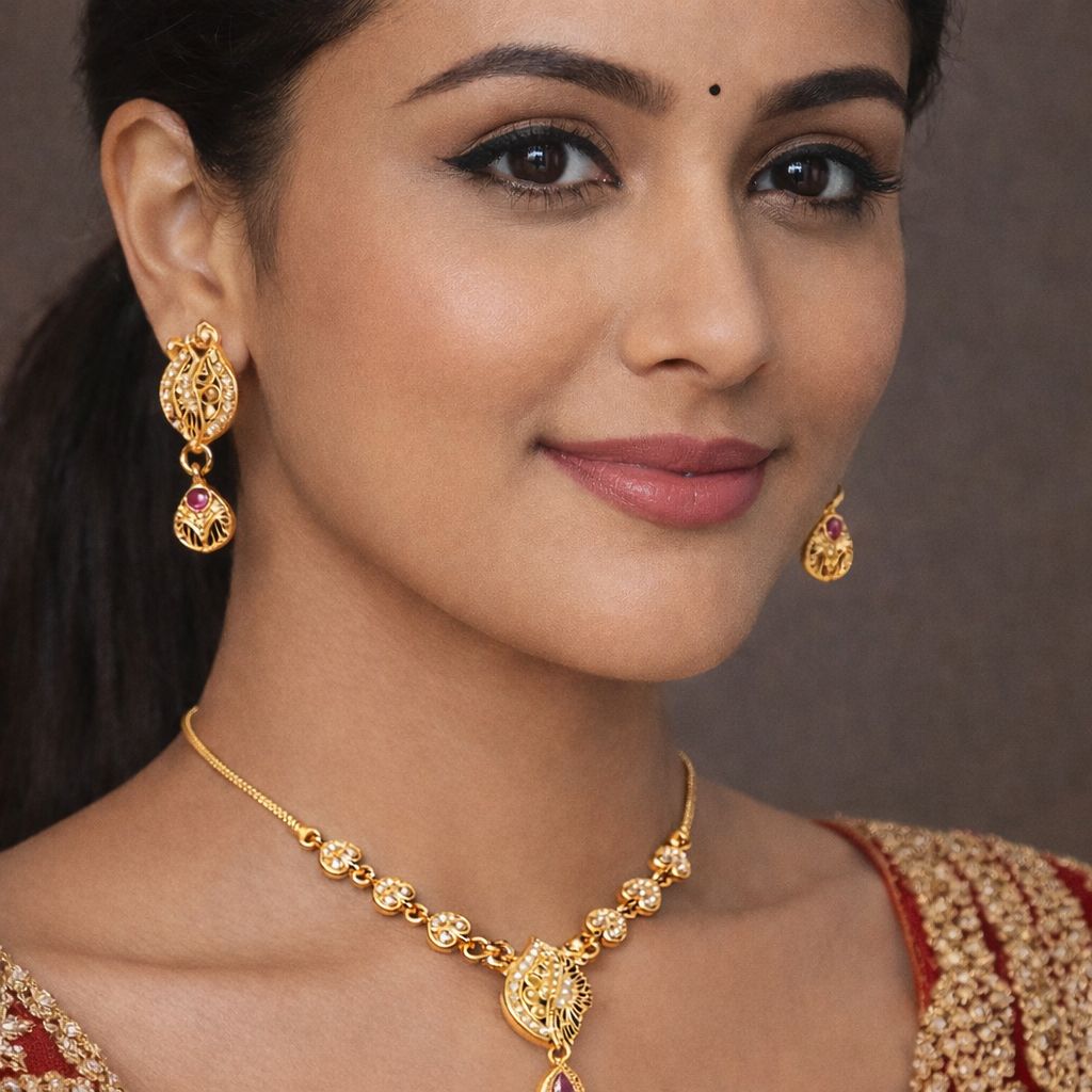 Aviraam Gold Necklace and Earring Set view 2