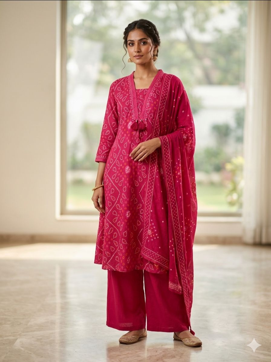 Bandhni Pink Embroidered Suit Set