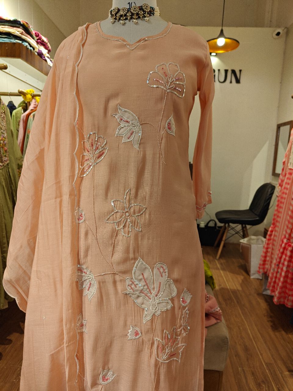 XL Pastel Pink Chanderi With Bead Sequin Work Straight Kurta view 4