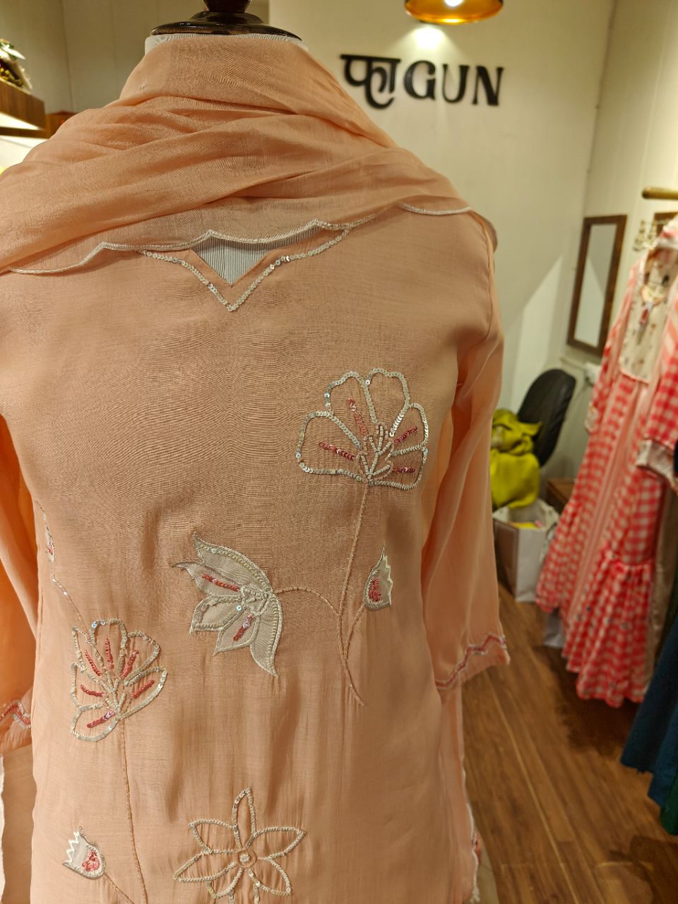 XL Pastel Pink Chanderi With Bead Sequin Work Straight Kurta view 5