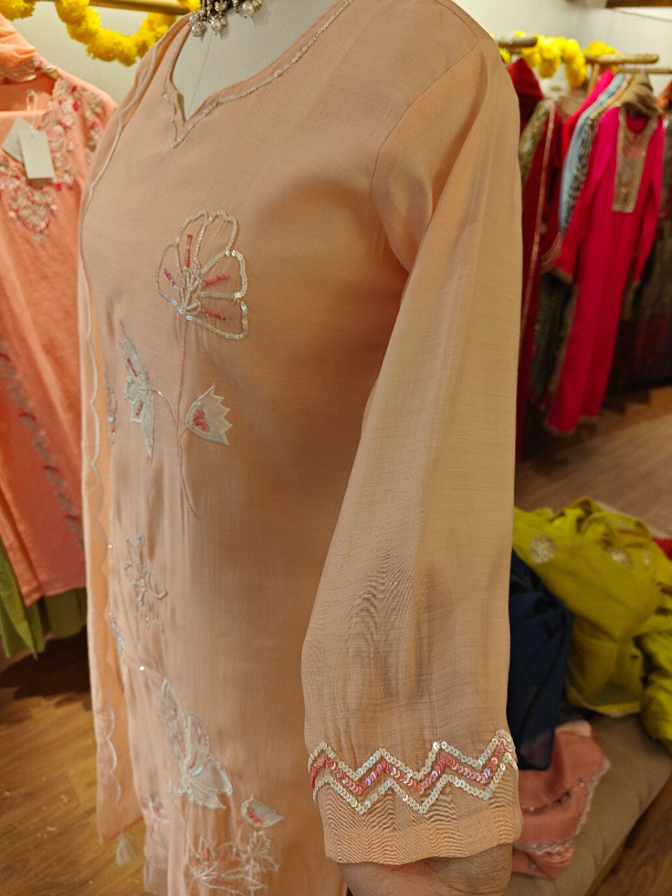 XL Pastel Pink Chanderi With Bead Sequin Work Straight Kurta view 6