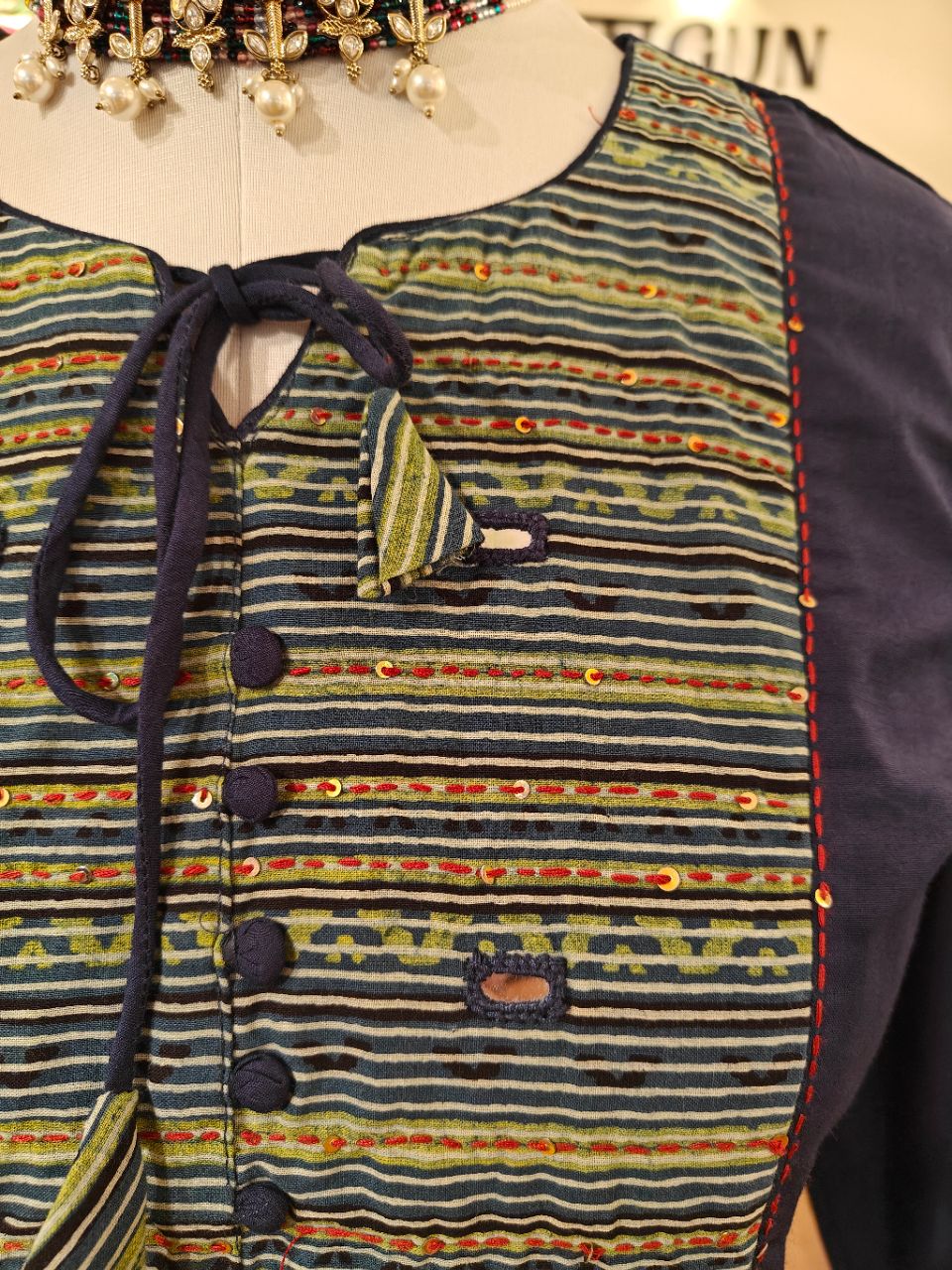 2XL Dark Blue Cotton Kutch Embroidery With Tie Ups view 5