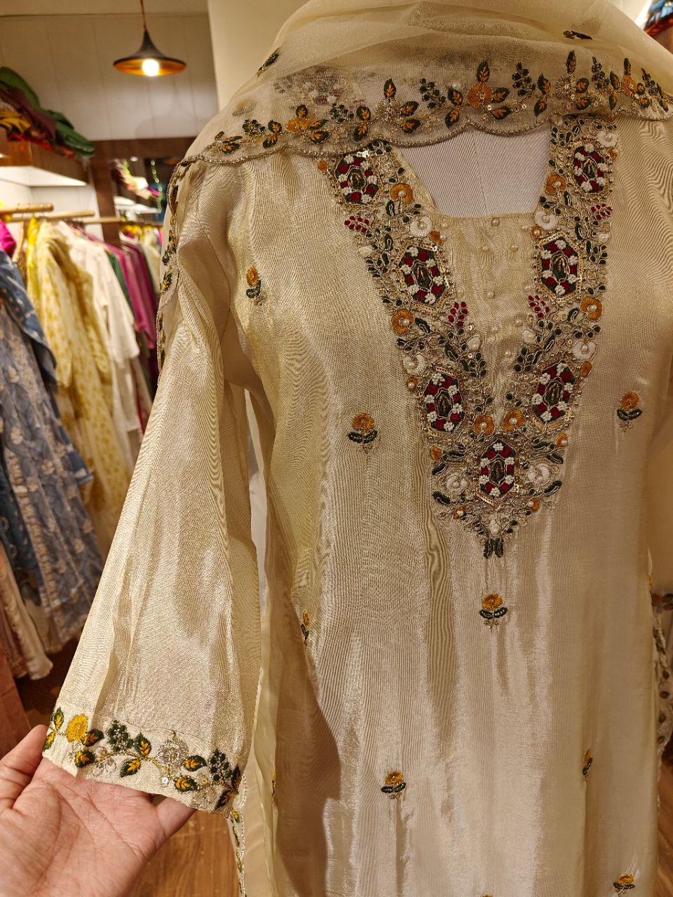 XL Cream Beige Zari Tissue Silk With Embroidery And Bead Work view 5