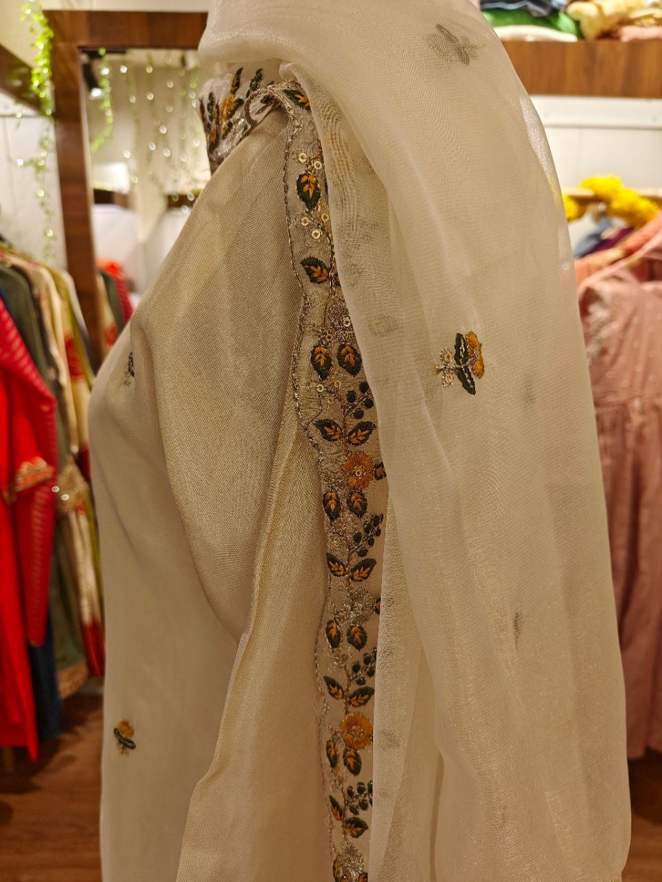 L Cream Beige Zari Tissue Silk With Embroidery And Bead Work view 6