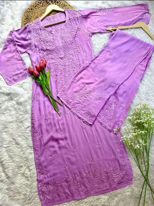 Modal Long 2 Piece Kurti Plazo Set With Fine Embroidery in Lavender. view 2