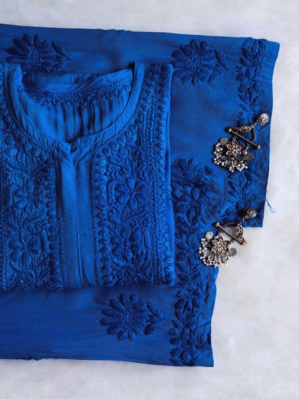 Pure Modal Long Handwork Kurti Plazo Set In Royal Blue.