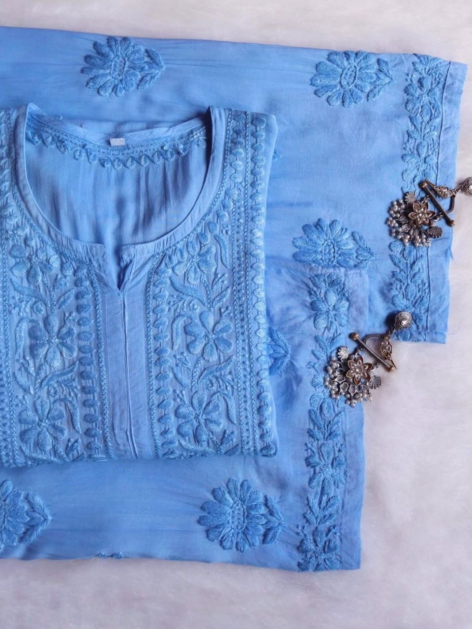 Pure Modal Long Handwork Kurti Plazo Set In Powder blue Color.