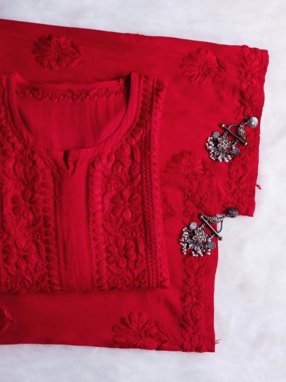 Pure Modal Long Handwork Kurti Plazo Set In Beautiful Red Shade. ✨🌷