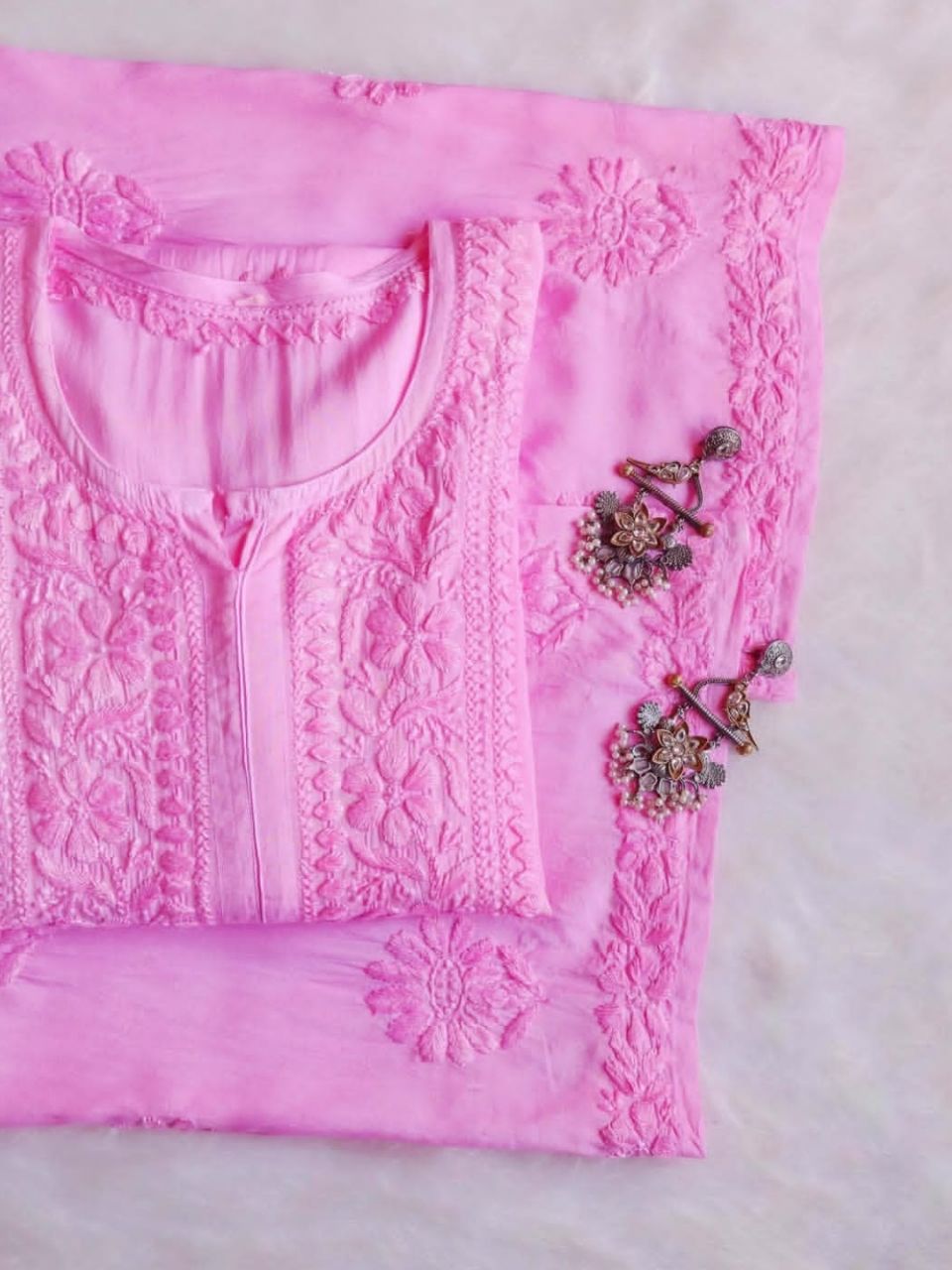 Pure Modal Long Handwork Kurti Plazo Set In Beautiful Pink Shade.
