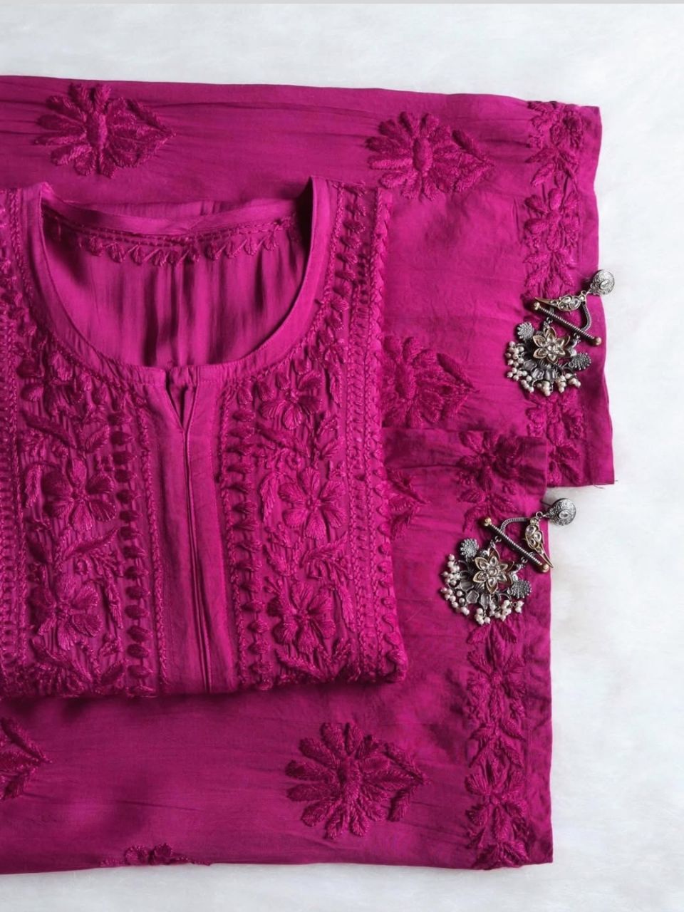 Pure Modal Long Handwork Kurti Plazo Set In Beautiful Raani Pink Shade. 💓✨