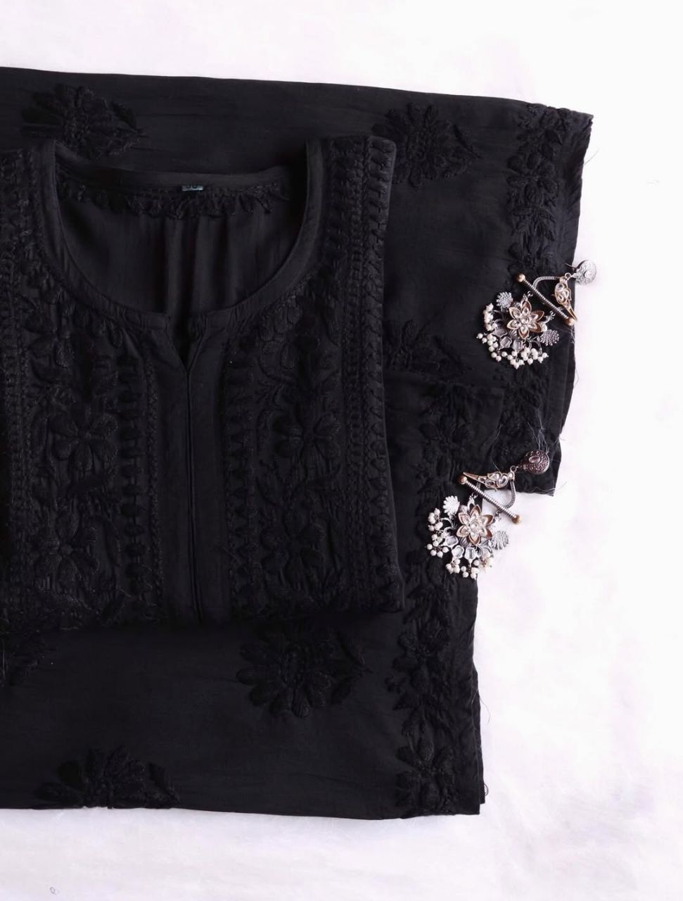 Pure Modal Long Handwork Kurti Plazo Set In Beautiful Black Shade.