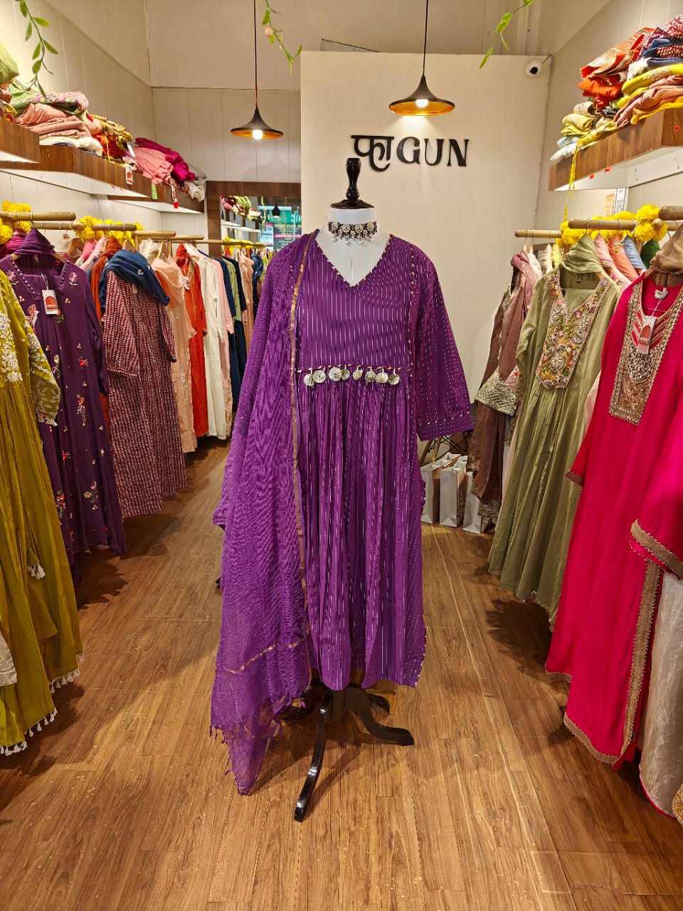 Purple Lurex Stripe Cotton Kurta Set With Tassels In York view 4