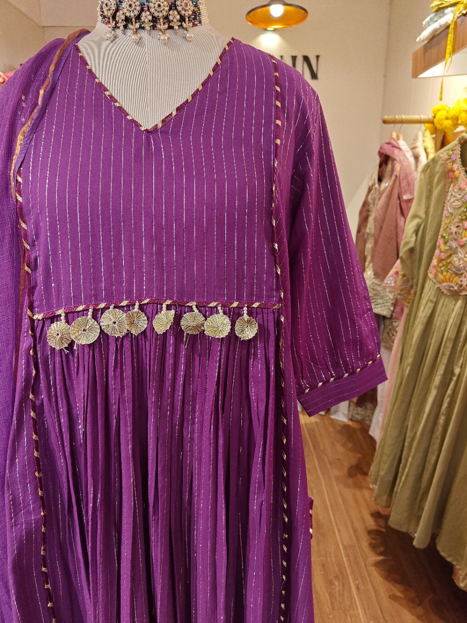 Purple Lurex Stripe Cotton Kurta Set With Tassels In York view 5