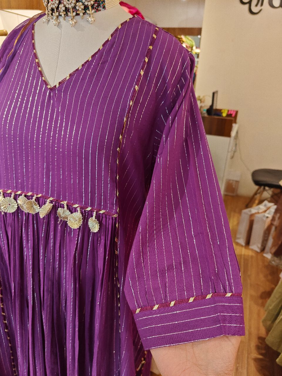 Purple Lurex Stripe Cotton Kurta Set With Tassels In York view 6