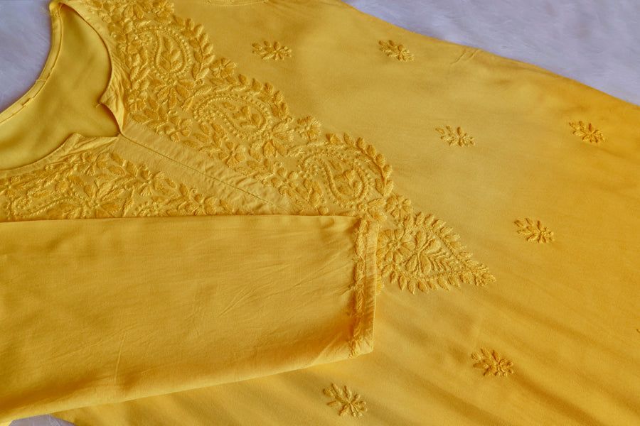 3 PIECE MODAL OMBRE LONG HANDWORK SET WITH DUPPATA IN YELLOW. view 2