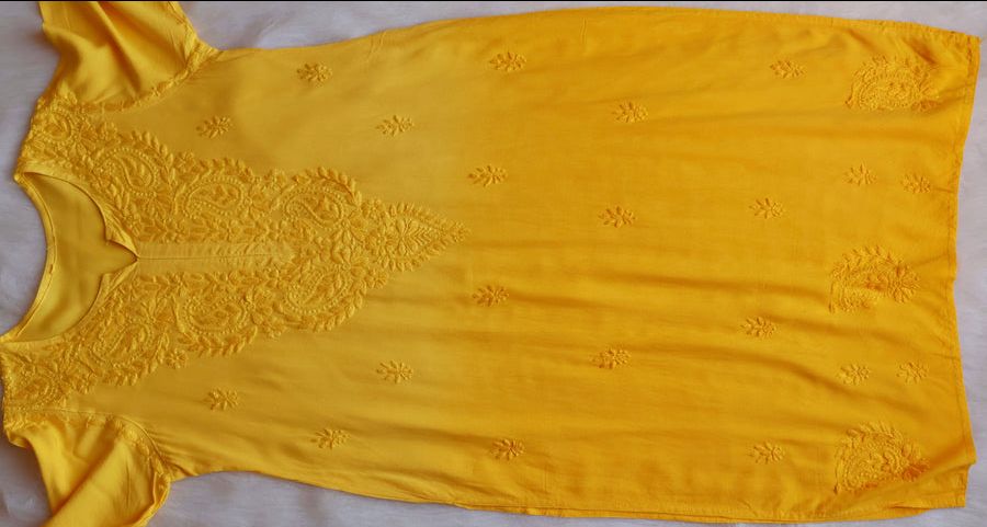 3 PIECE MODAL OMBRE LONG HANDWORK SET WITH DUPPATA IN YELLOW. view 3