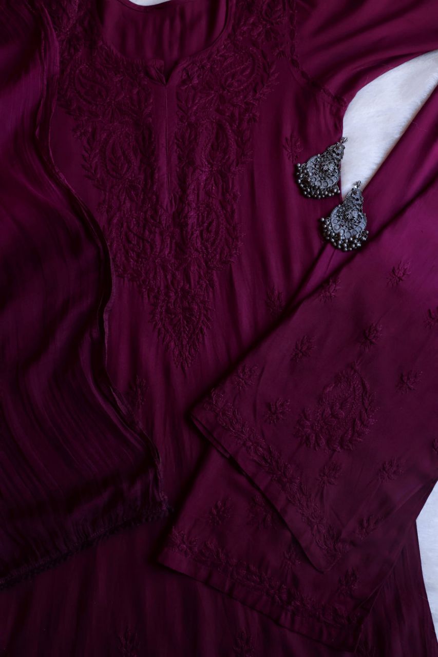 3 PIECE MODAL OMBRE LONG HANDWORK KURTI PLAZO SET WITH DUPPATA