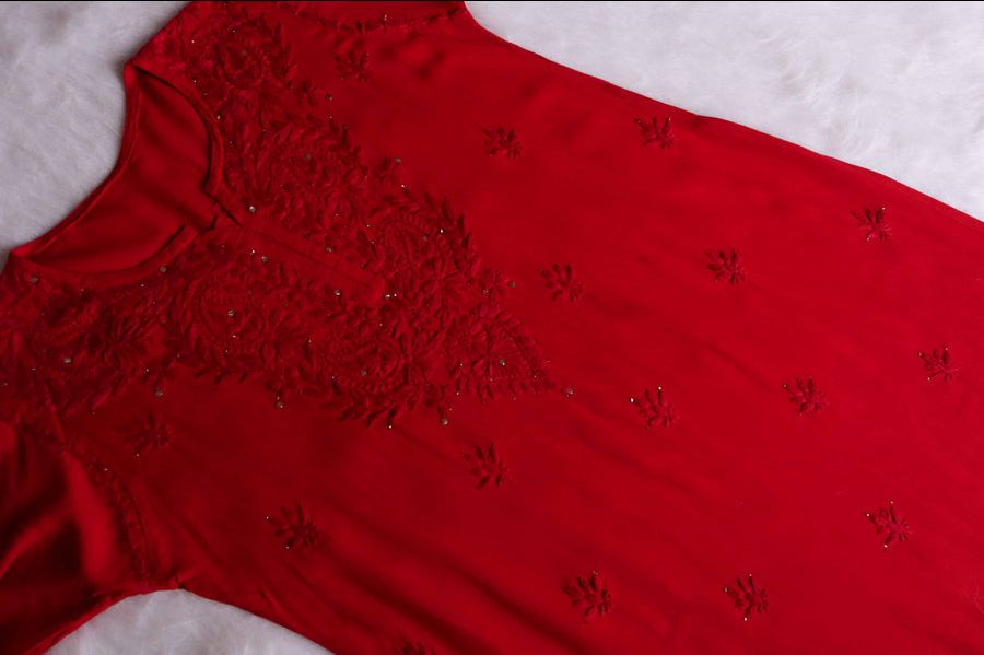 2 PIECE MODAL LONG HANDWORK KURTI PLAZO SET WITH MUKAISH WORK IN RED. view 3