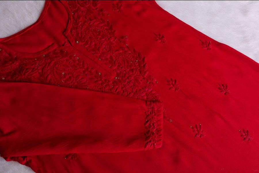 2 PIECE MODAL LONG HANDWORK KURTI PLAZO SET WITH MUKAISH WORK IN RED. view 2