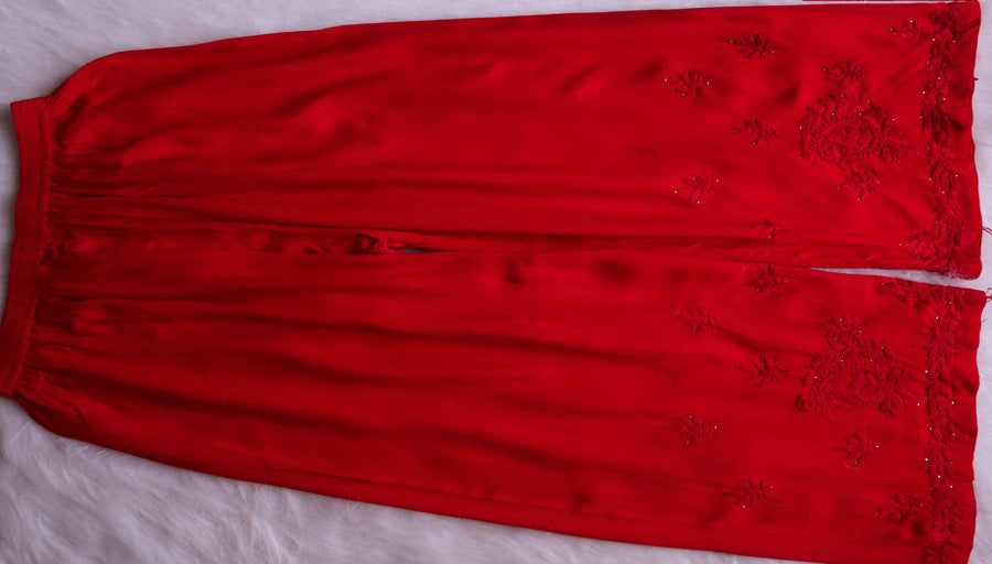 2 PIECE MODAL LONG HANDWORK KURTI PLAZO SET WITH MUKAISH WORK IN RED. view 5