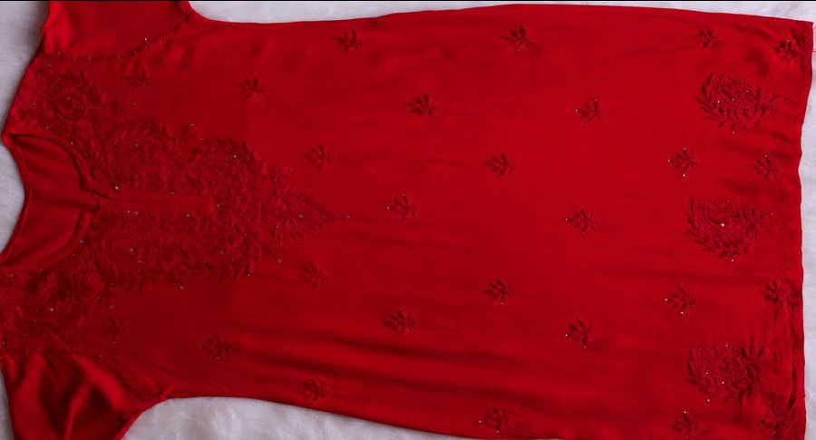 2 PIECE MODAL LONG HANDWORK KURTI PLAZO SET WITH MUKAISH WORK IN RED. view 4