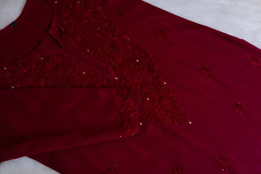 2 PIECE MODAL LONG HANDWORK KURTI PLAZO SET WITH MUKAISH WORK ALL OVER IN MAROON. 🌷 view 2