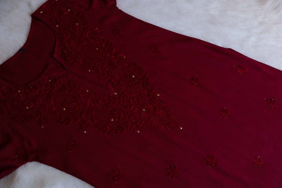 2 PIECE MODAL LONG HANDWORK KURTI PLAZO SET WITH MUKAISH WORK ALL OVER IN MAROON. 🌷 view 3
