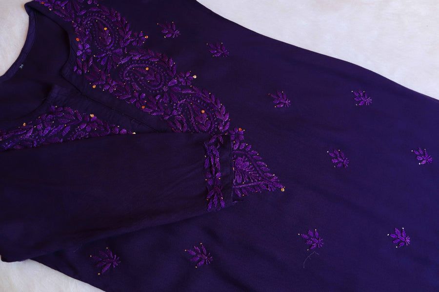 MODAL 2 PIECE HANDWORK KURTI PLAZO SET WITH MUKAISH WORK IN PURPLE. view 2