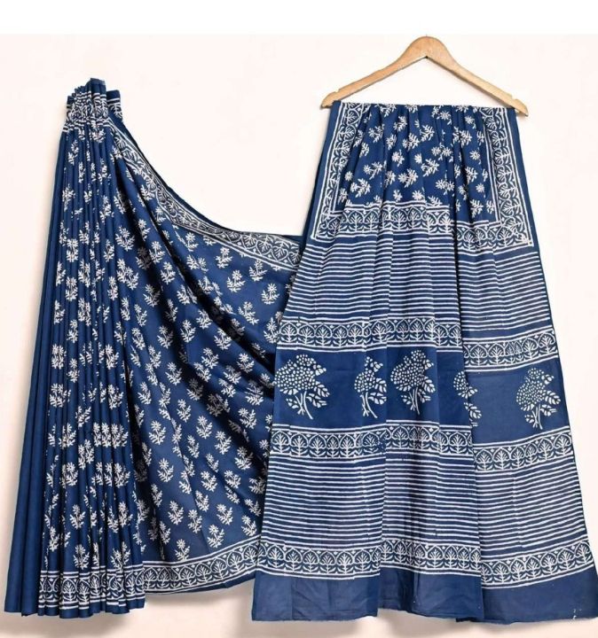 Blue Handblock Printed Saree view 2