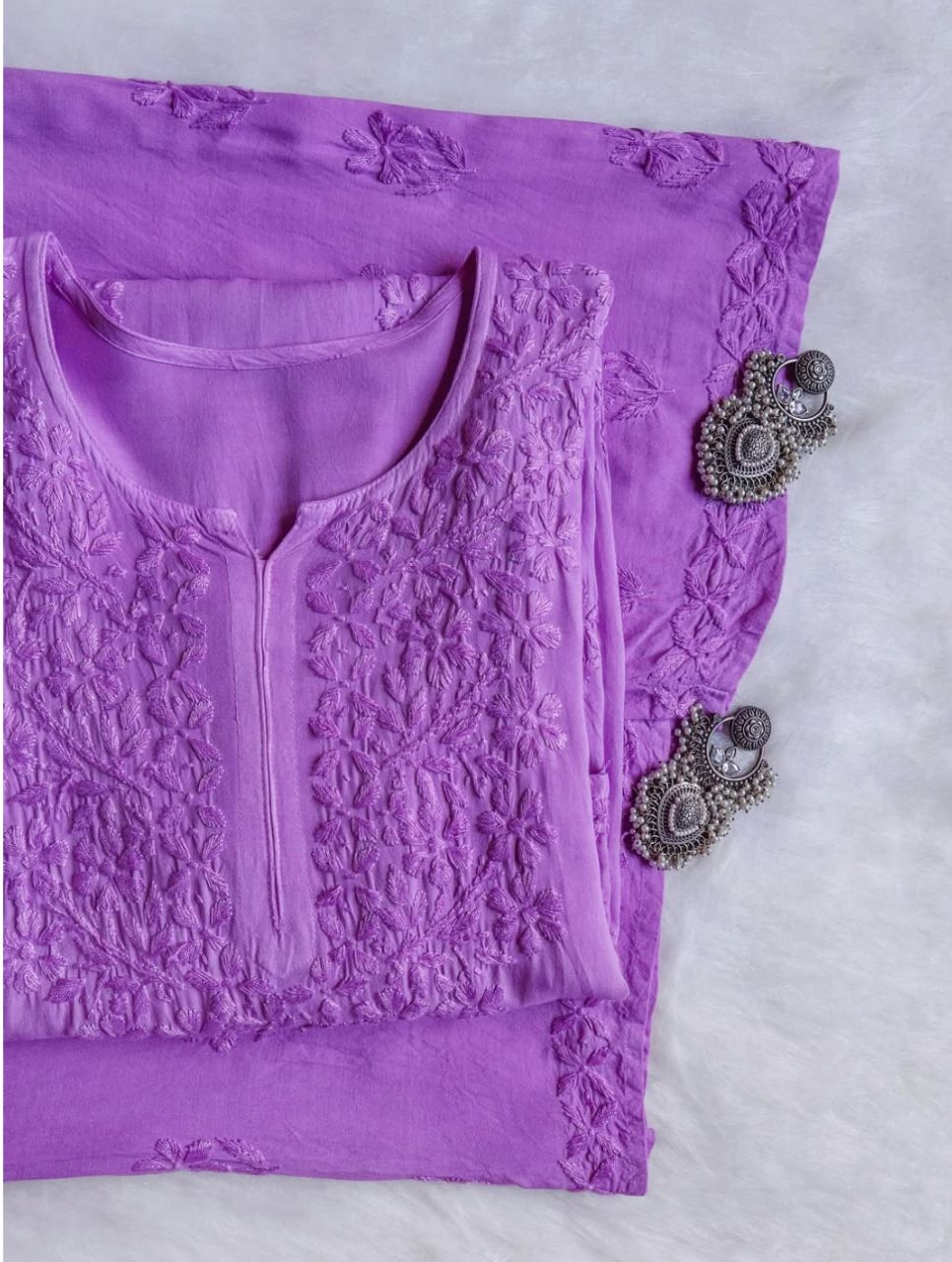 Modal Long 2 Piece Handwork Kurti Plazo Set In Lavender Shade.