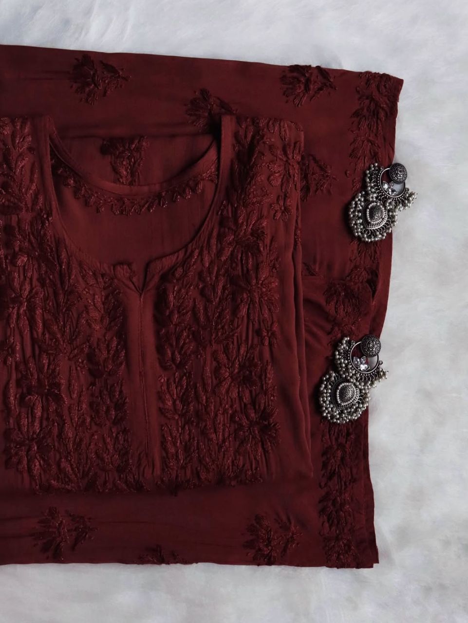 Modal 2 Piece Long Handwork Kurti Plazo Set In Chocolate Brown.