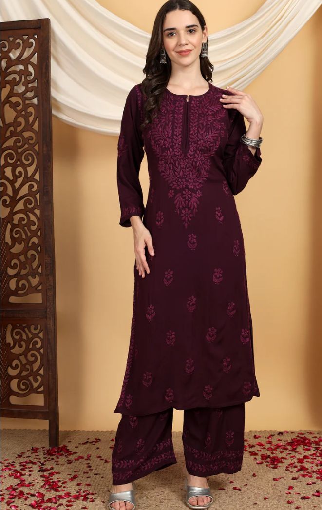 2 Piece modal Long Handwork Kurti Plazo Set In Wine Shade.