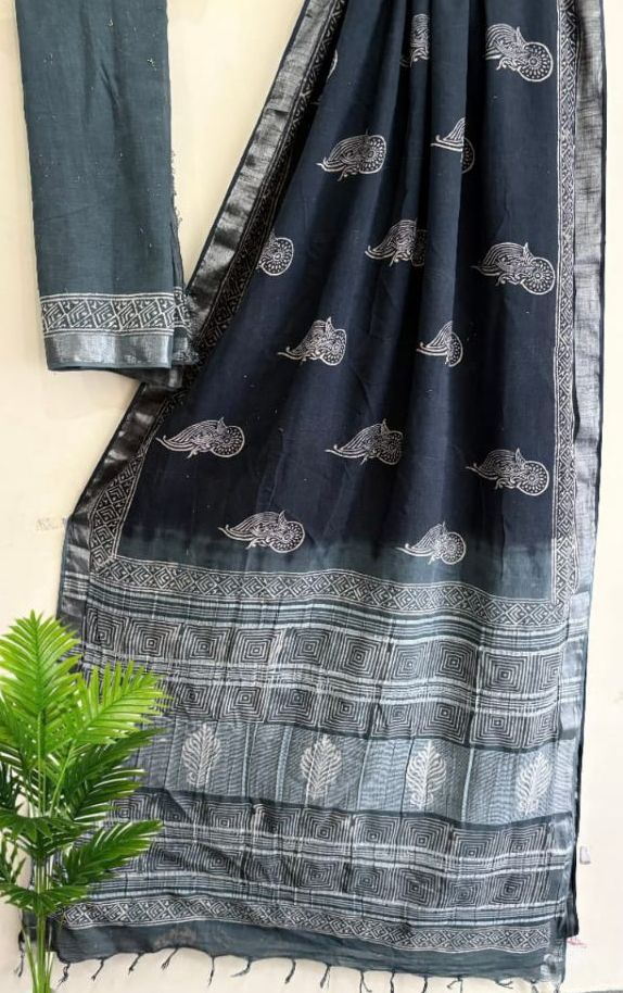 Block Printed Linen Saree 1 view 2