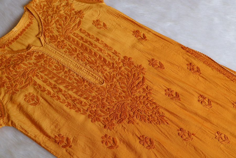NIYA CHANDERI HANDWORK KURTI PLAZO SET IN MUSTARD YELLOW. view 2