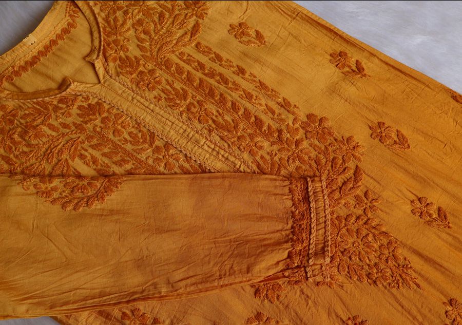 NIYA CHANDERI HANDWORK KURTI PLAZO SET IN MUSTARD YELLOW. view 3