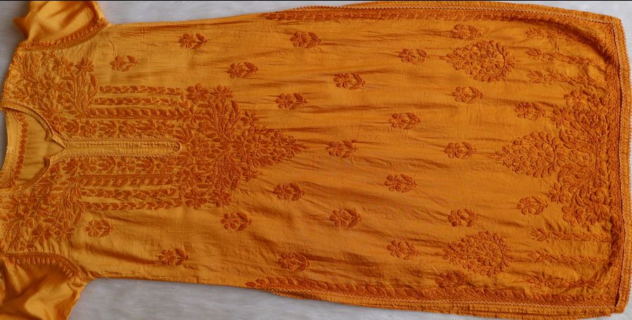 NIYA CHANDERI HANDWORK KURTI PLAZO SET IN MUSTARD YELLOW. view 4