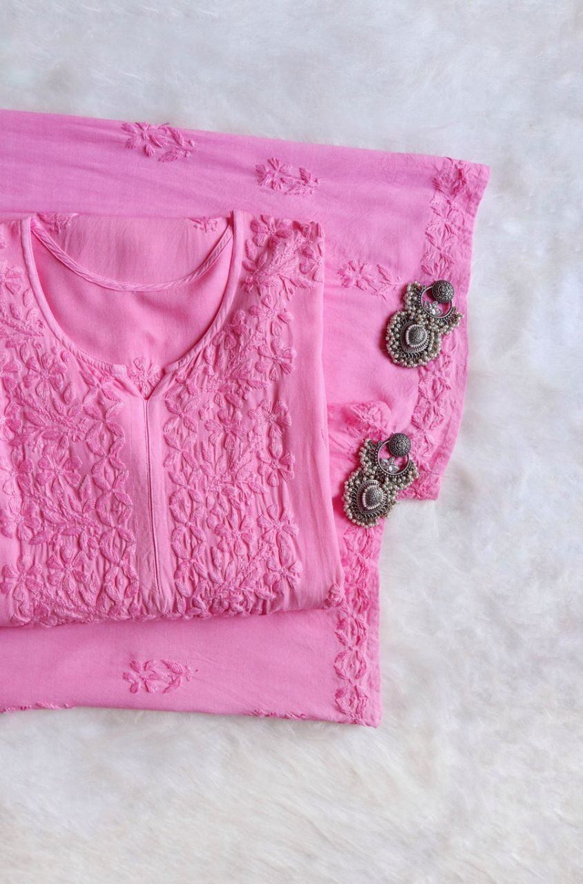 MODAL LONG HANDWORK KURTI PLAZO IN BABY PINK. 💕