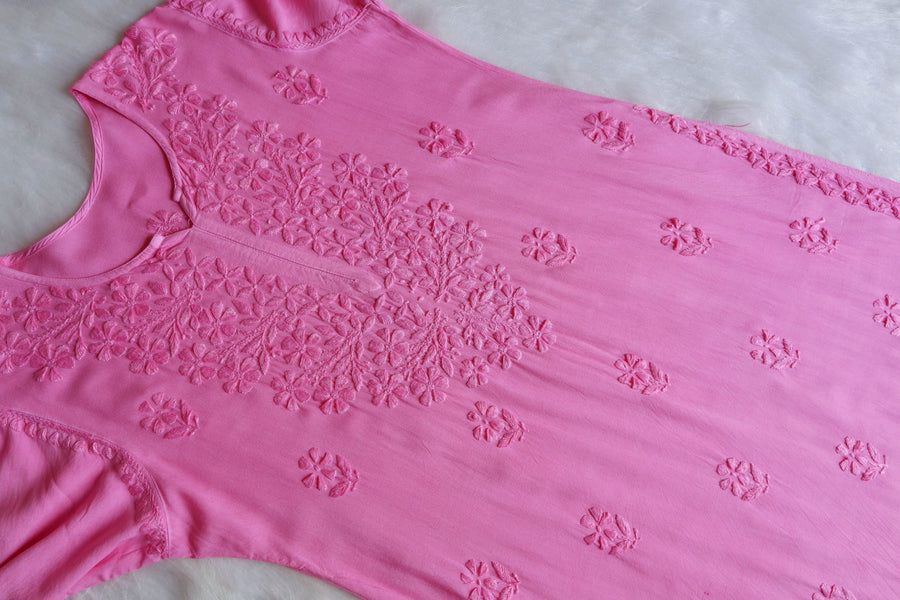 MODAL LONG HANDWORK KURTI PLAZO IN BABY PINK. 💕 view 3