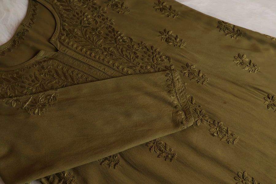 MODAL LONG HANDWORK KURTI PLAZO SET IN OLIVE GREEN. view 2