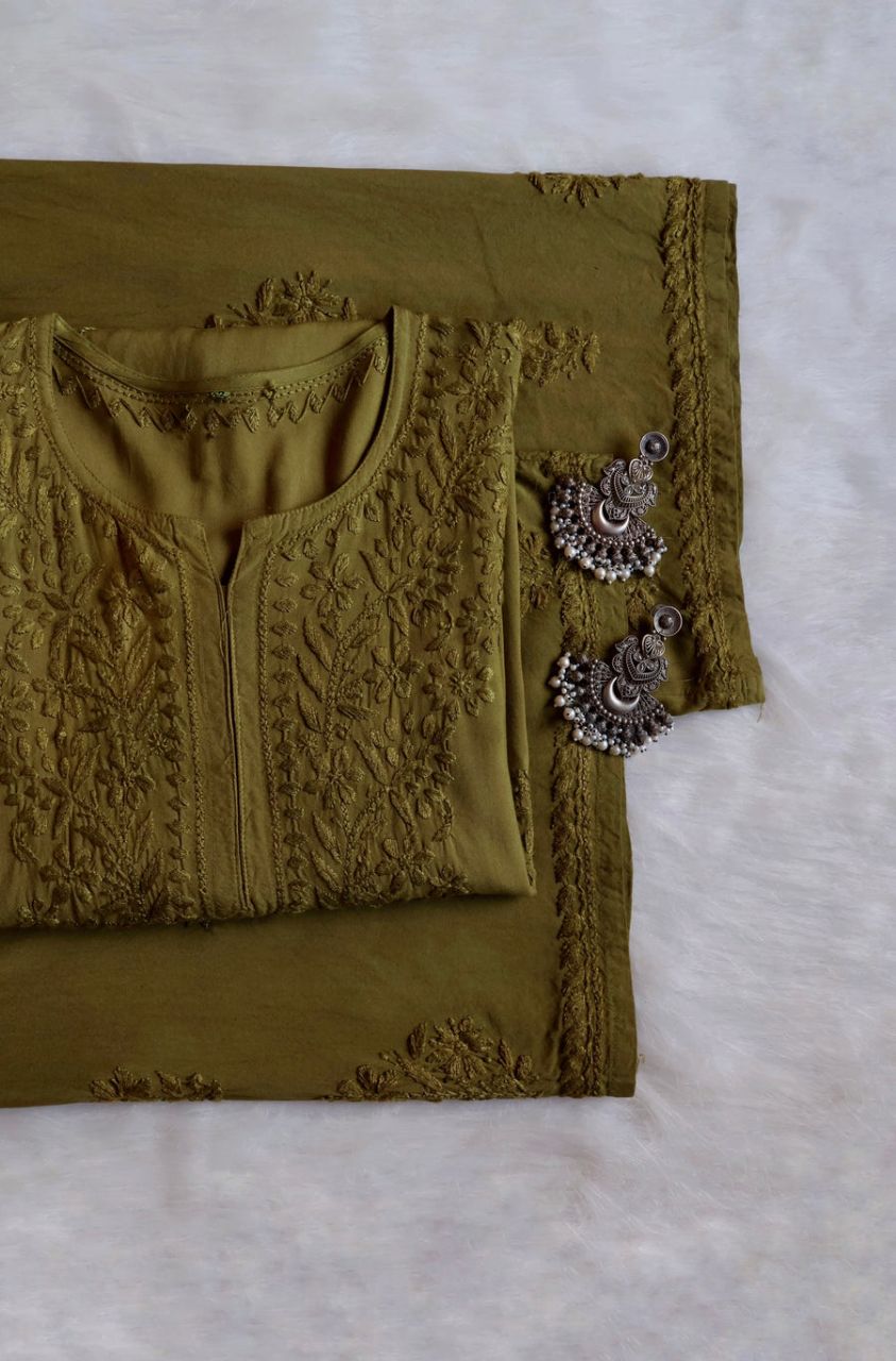 MODAL LONG HANDWORK KURTI PLAZO SET IN OLIVE GREEN.