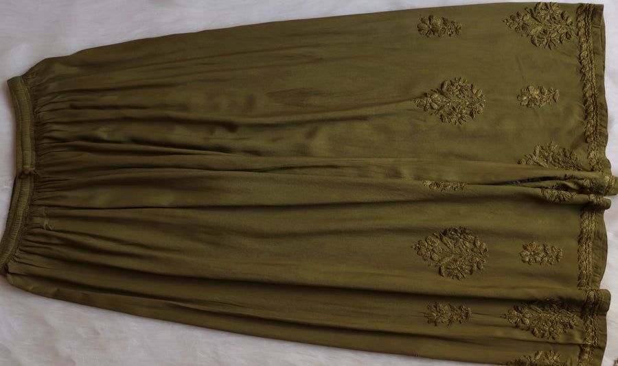 MODAL LONG HANDWORK KURTI PLAZO SET IN OLIVE GREEN. view 4