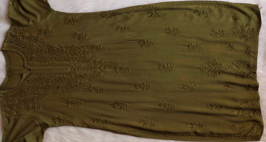 MODAL LONG HANDWORK KURTI PLAZO SET IN OLIVE GREEN. view 3